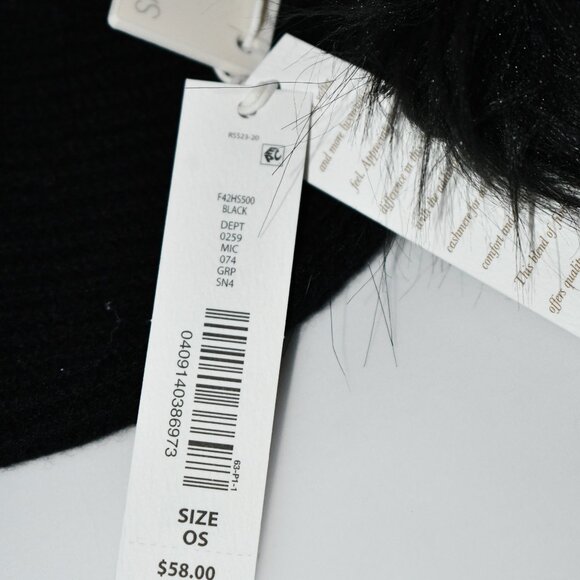 SASSO + SMYTH Ribbed Cuff Faux Fur Pom Beanie in Black NWT Details: Wool/cashmer - Picture 3 of 3